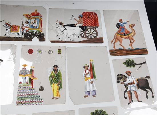 An extensive collection of 19th century Indian gouache on mica pictures, largest 5 x 7in. approx., unframed